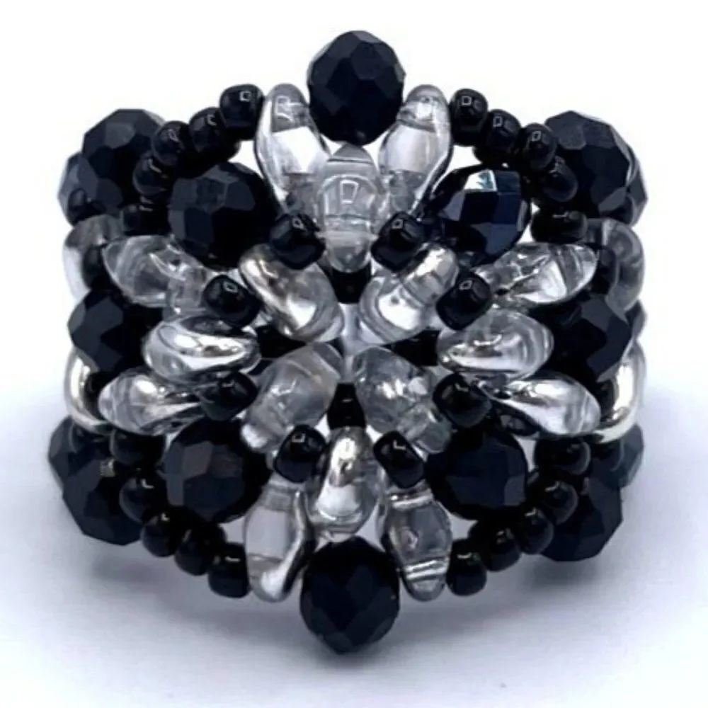 Labrador Silver with Black and Onyx Crystal Beaded Statement Ring Size 6